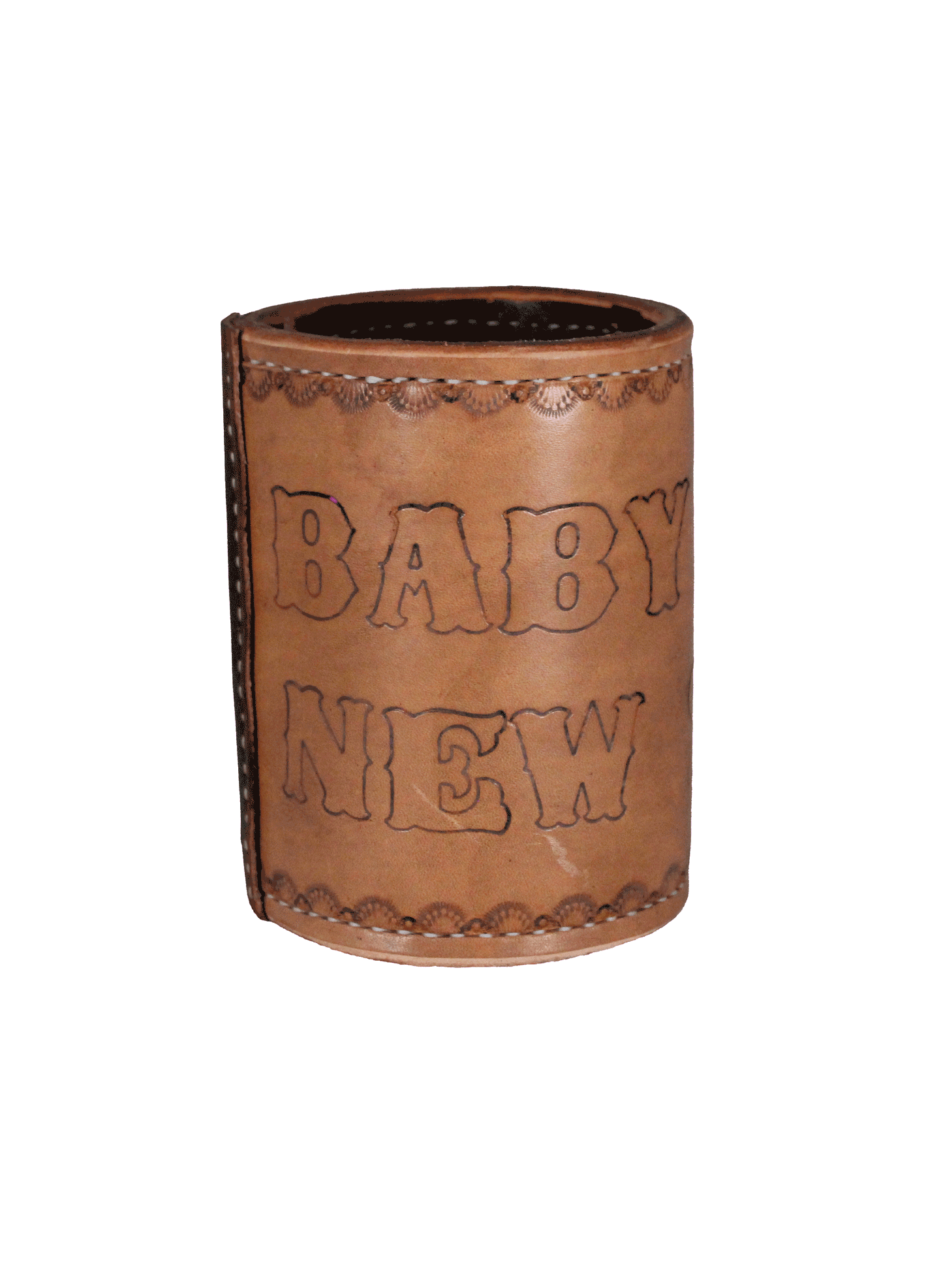 handmade leather dice cup "baby needs new shoes"